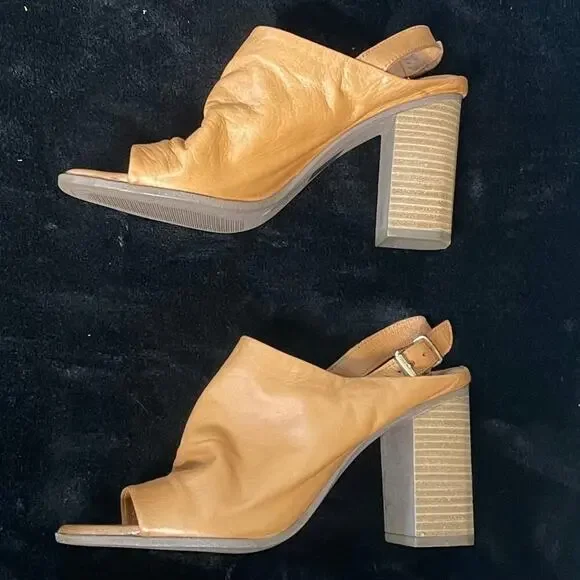 Aldo Camel Leather Heeled Sandals Women’s Size 6.5 Peep Toe Slingback Block Heel - Picture 4 of 8